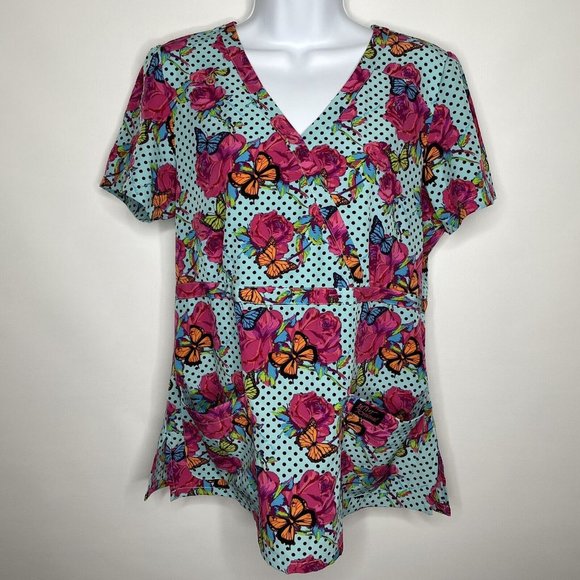 Betsey Johnson Tops - 💜 3/$30 Betsey Johnson Calla Mock Wrap Scrub Top Polka Dots Roses Butterflies